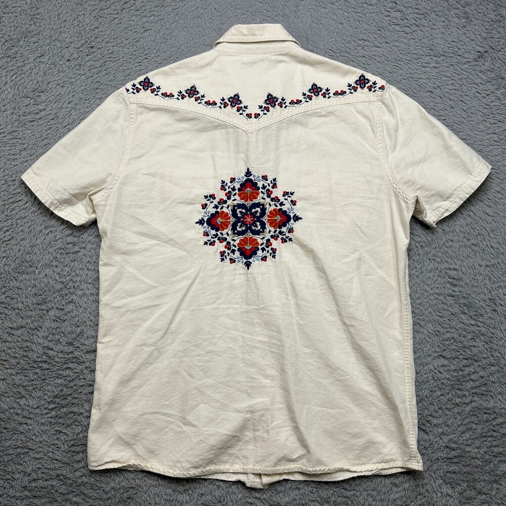 Rowm Western Shirt Mens M Cream Short Sleeve Embroidered Floral Snap Button